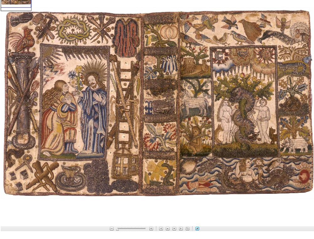 Geneva bible with embroidered binding, with scenes of the Annunciation and Adam and Eve