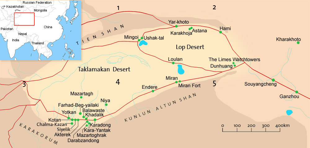 Detailed map shoing the Taklamakan Desert