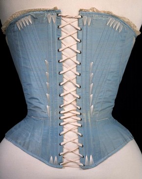 Blue corset reinforced with whalebone and metal eyelets. France, 1864