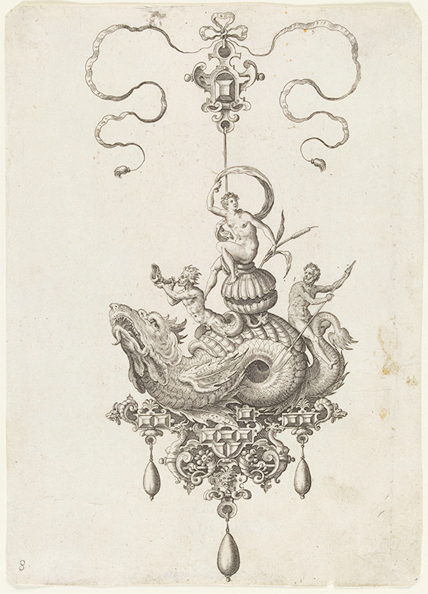 Pendant with a Sea-Monster Carrying a Woman on a Shell Flanked by a Triton and a Man with an Oar