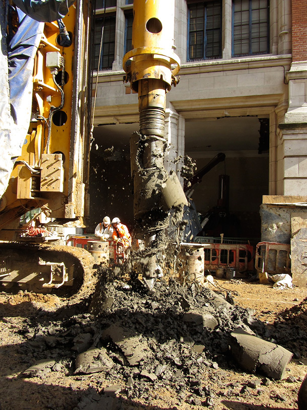 Piling rig drawing clay out of the ground on the Exhibition Road building site