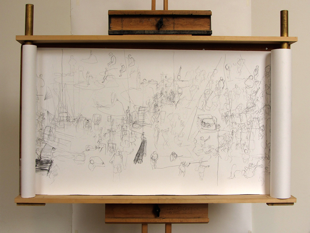 Liam O’Connor’s drawing scroll mounted on an easel with rollers custom-built for work on the Exhibition Road building site