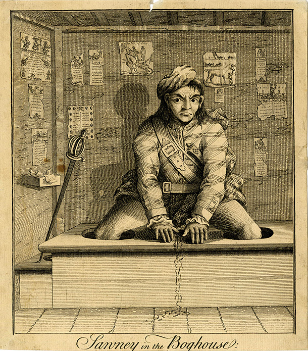 Sawney in the Boghouse print, showing a man sitting at toilet next to a sword