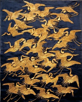 Silk fukusa (gift cover) embroidered with a flight of cranes, Japan, 1800-50, Edo period. Museum no. T.20-1923