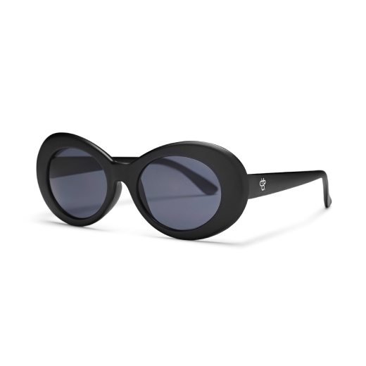 Side view of a pair of round black sunglasses with dark lenses.