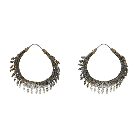 A pair of beaded hoop earrings.