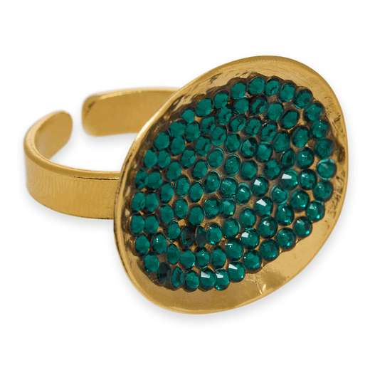 A gold plated adjustable ring featuring a wide round top adorned with small green crystals.
