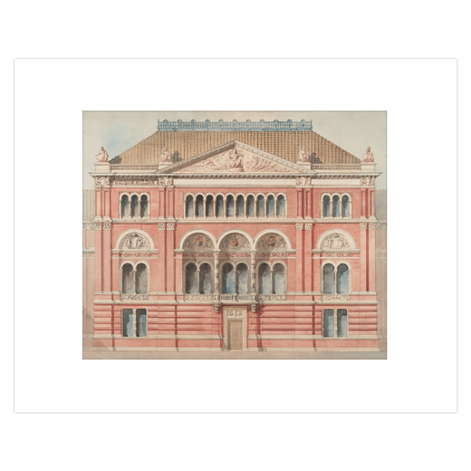 A mounted print featuring an illustration of the facade of a building.