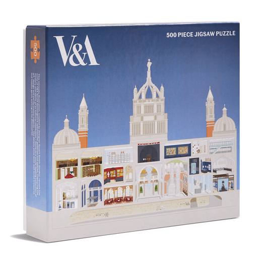 Side view of a jigsaw puzzle box. The image depicts the V&A museum building set against a blue sky.