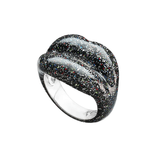 A lips shaped ring in a black glittery colourway.
