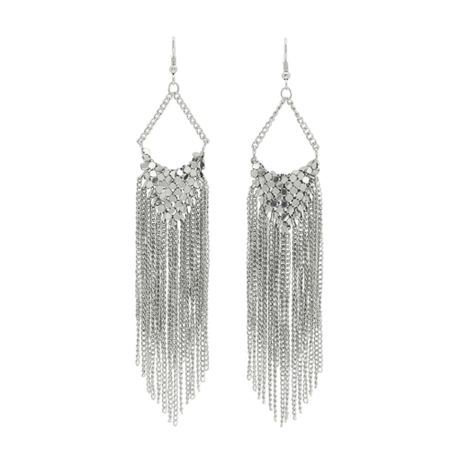A pair of silver chainmail earrings featuring a cluster of small chains descending from a hook.