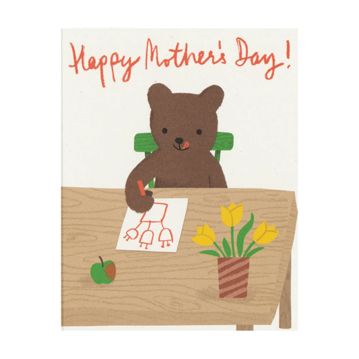 Greeting card with an illustration of a brown bear drawing. The message 'Happy Mother's Day' features in red at the top of the card.