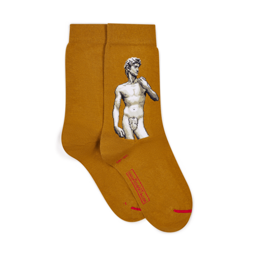 A pair of mustard yellow socks featuring an illustration of the renaissance statue of David.
