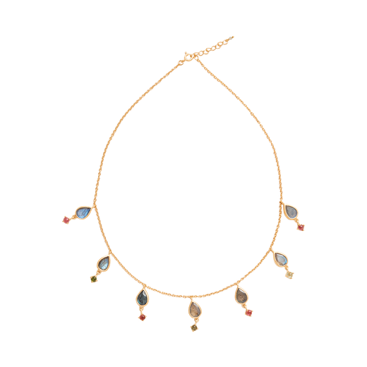 Gold chain necklace with drop shaped gemstones pendants