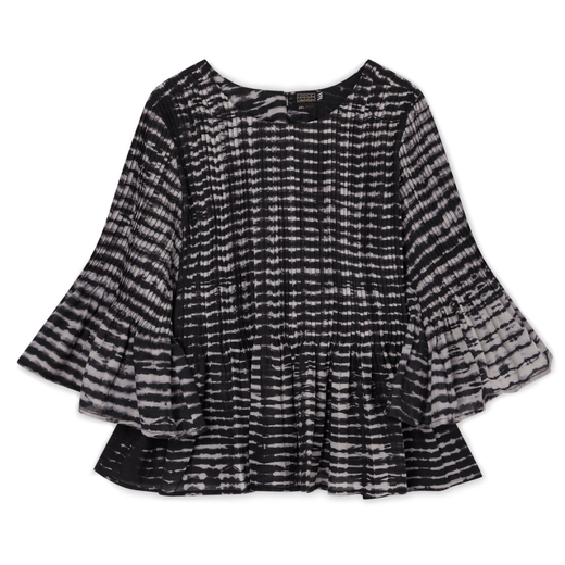 A black and white pleated blouse with fluted sleeves.