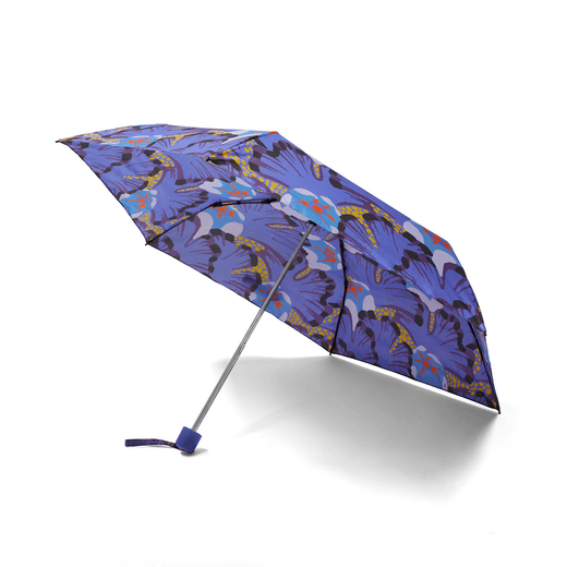 An open umbrella with a blue floral pattern.