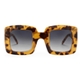 A pair of square sunglasses with a leopard printed frame and dark gradient lenses.
