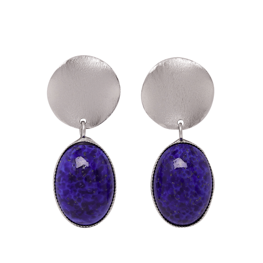 Drop silver earrings with blue glass stones.