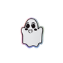 A vinyl sticker with metallic foil edges in the shape of a ghost.