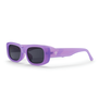 Side view of a pair of sunglasses with a lilac frame and dark lenses.