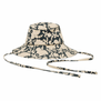 A bucket hat featuring a black and white Japanese floral pattern with strings.
