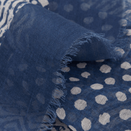 A detail of a blue and white patterned scarf.