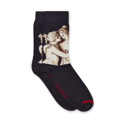 A pair of black socks featuring Canova's Three Graces sculpture group.