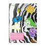 The back cover of an A5 sketchbook featuring colourful characters against a marbled black and white background.