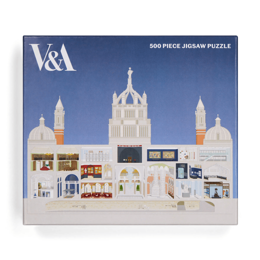 A 500 pieces jigsaw puzzle box. The image depicts the V&A museum building set against a blue sky.