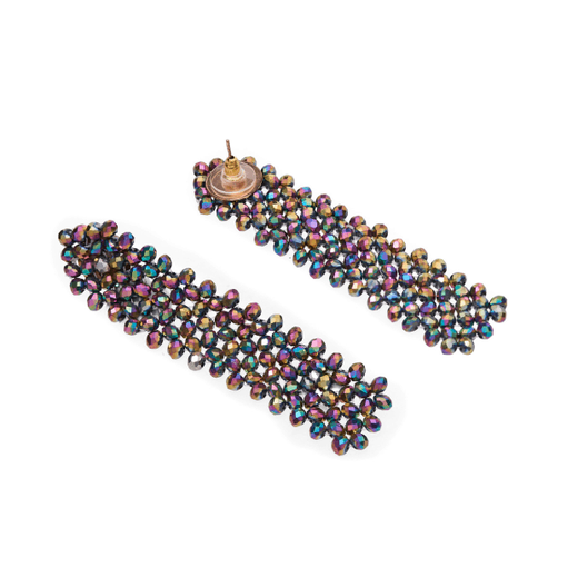A pair of beaded purple earrings. One of the earrings is turned to show its back. 