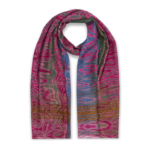 A pink and blue scarf against a white background. The scarf is rolled up to mimic the shape when worn around the neck.