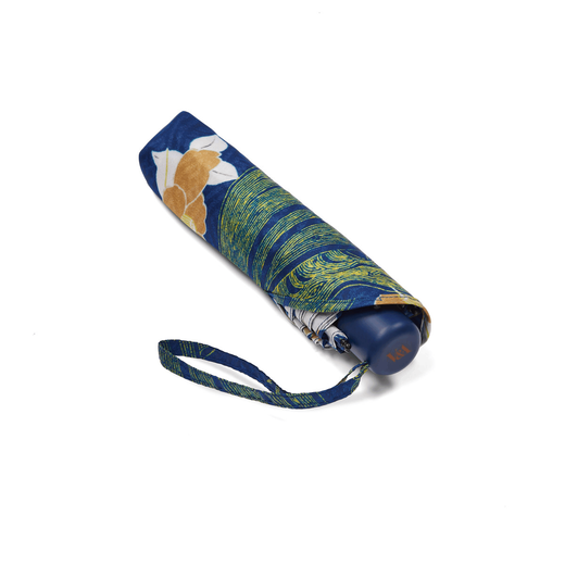 A closed pocket umbrella featuring a Japanese inspired blue and green print.