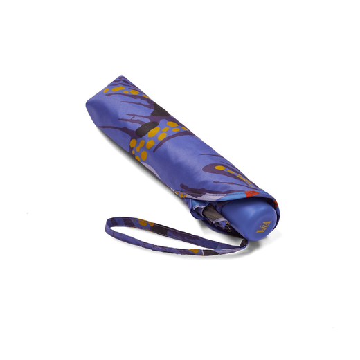A closed pocket umbrella with a blue floral pattern.