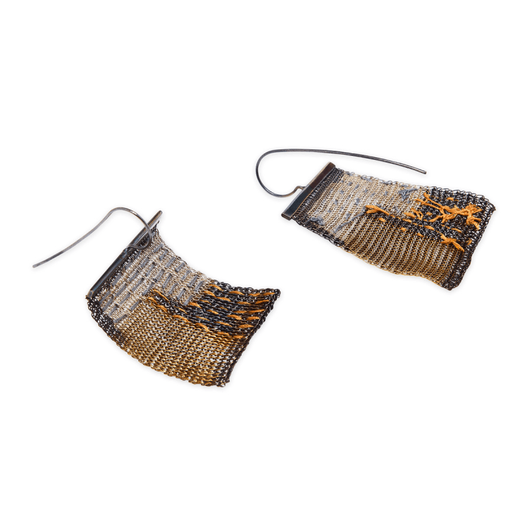 A pair of rectangular hook earrings, woven with silk thread and strands of brass.