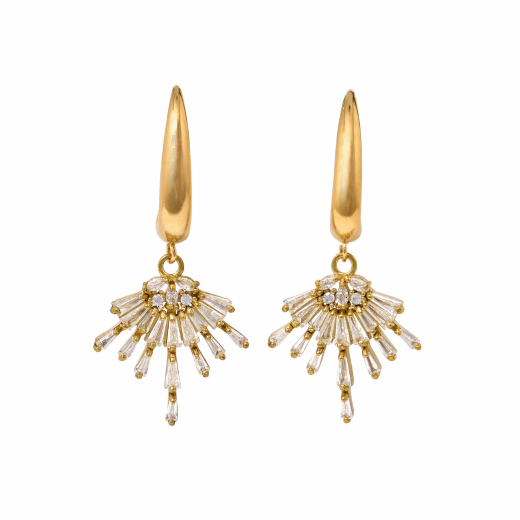 A pair of gold earrings with crystal fan-shaped pendants.