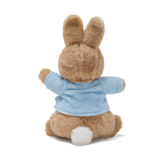 A rabbit plush toy, viewed from the back.