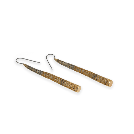 A pair of tubular hook earrings made with woven brass mesh. 