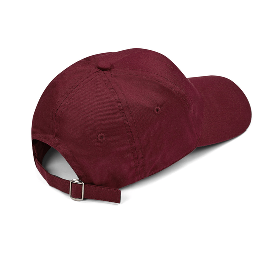 The back of a maroon baseball cap with an adjustable strap.