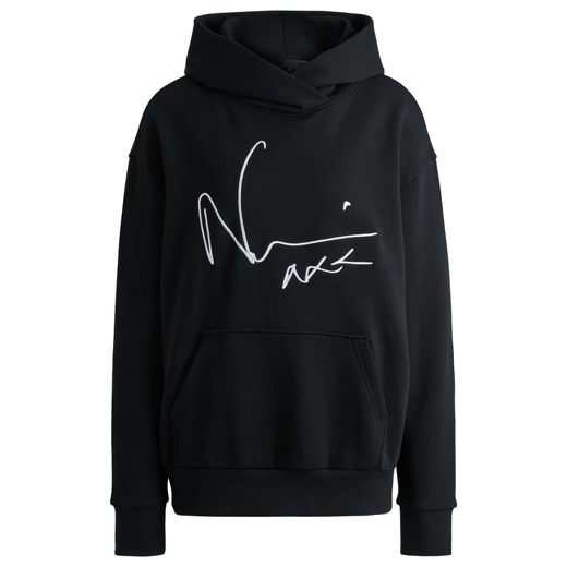A black hoodie with a white signature embroidered on the chest.