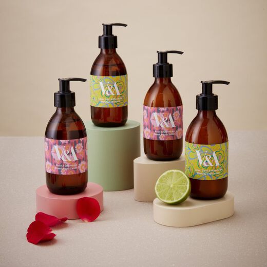 Four toiletries bottles in various scents.