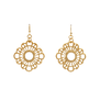 A pair of gold ornate hook earrings.