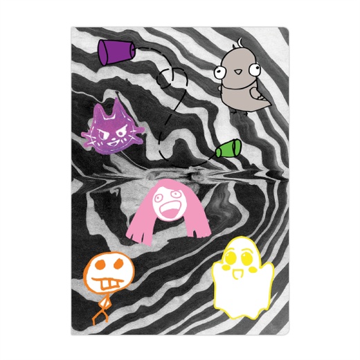 An A5 sketchbook featuring colourful characters against a marbled black and white background.