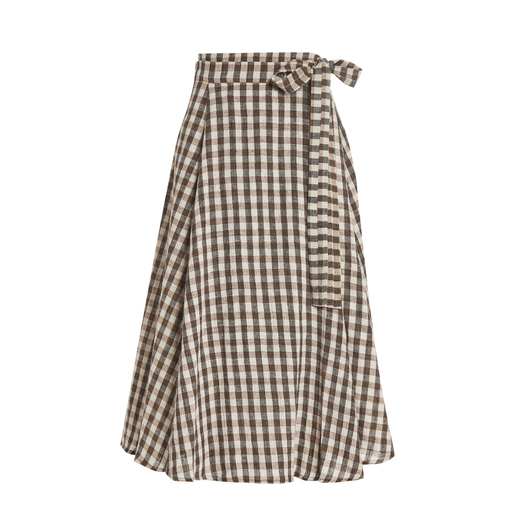 A brown and blue check warp skirt cut on white background.
