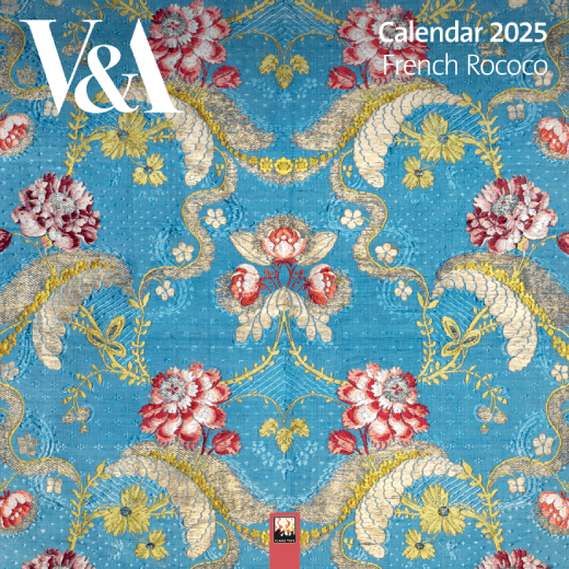 The front cover of a calendar featuring a Rococo blue and pink pattern.
