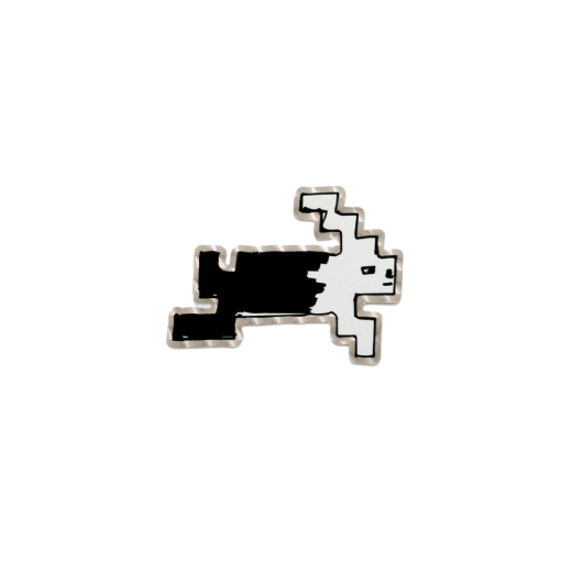 A vinyl sticker with metallic foil shaped as a pixelated black and white rabbit.