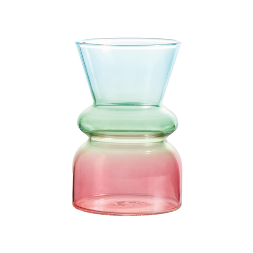 A glass vase with a ombre gradient of blue, green and red hues.