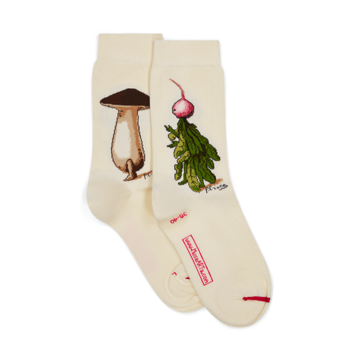 A pair of off white socks with vegetable costume designs.