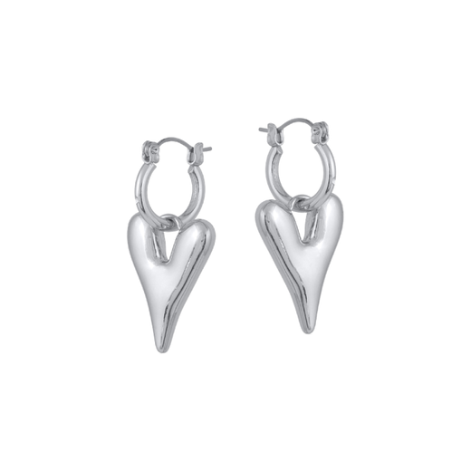 A pair of heart shaped silver earrings.