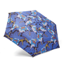 The top of an umbrella with a blue floral pattern.