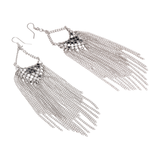 A pair of silver earrings with a cluster of chains. 